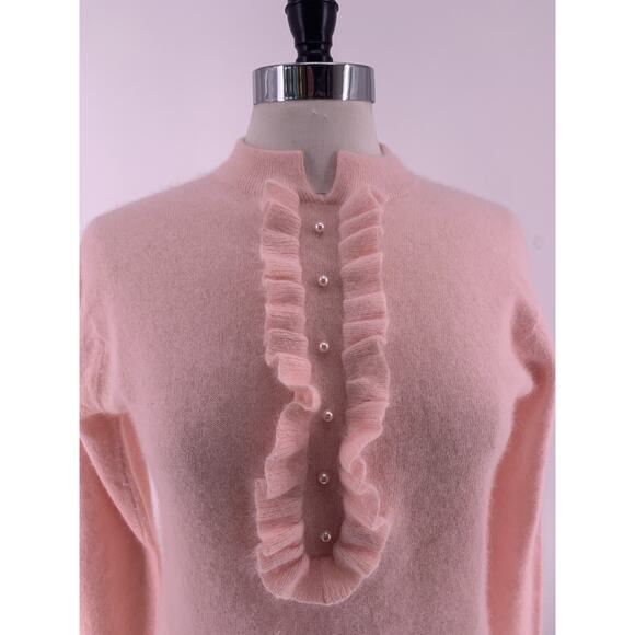 VTG Wool Angora Baby Pink Sweater Classic Pearl Ruffle M - Picture 4 of 8